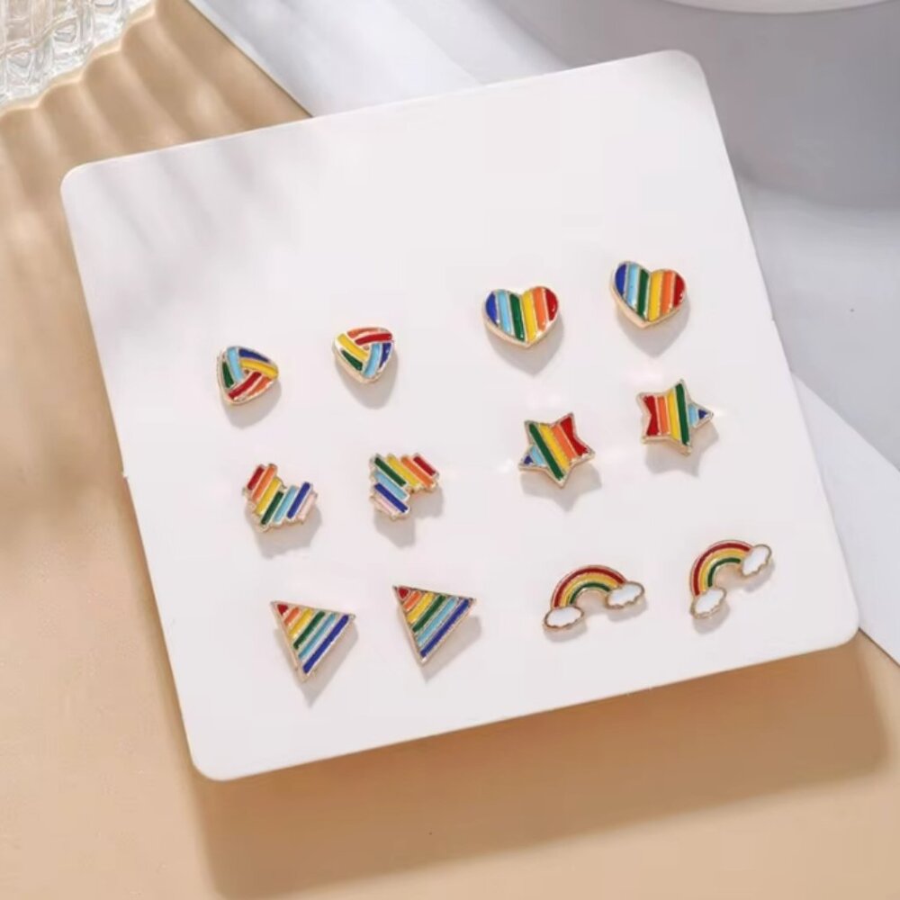 6-Pair Set Rainbow Pride Metal & Enamel Earring Studs